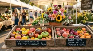 Produce arranged in wooden crates